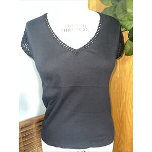 Lauren Ralph Lauren V-Neck Black Top‎ with Crochet Lace Sleeves Size large